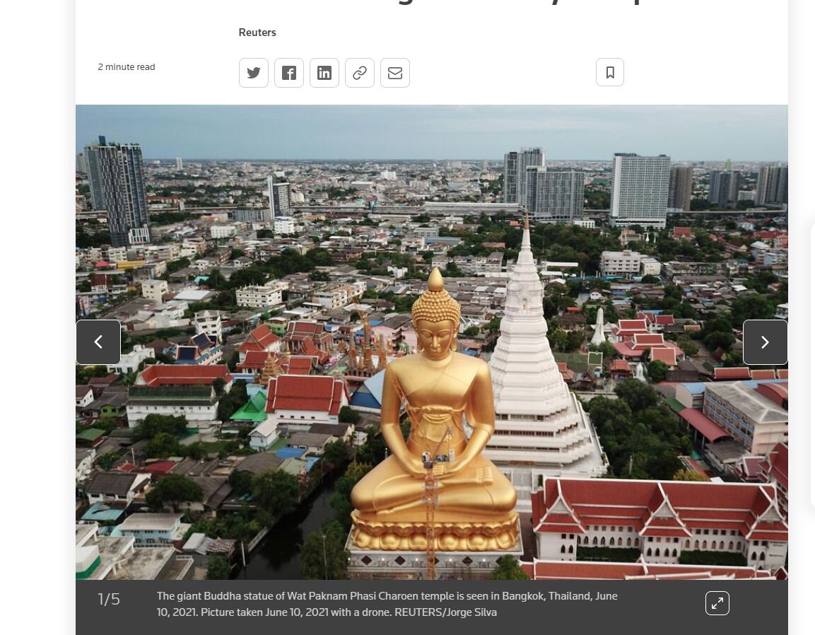The giant Buddha statue of Wat Paknam Phasi Charoen temple is seen in Bangkok, Thailand, June 10, 2021. Picture taken June 10, 2021 with a drone. REUTERS/Jorge Silva