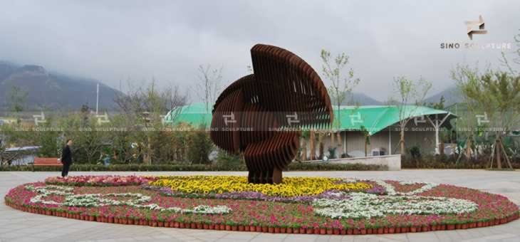 Rust corten steel sculpture art installation in sculptural garden Expo. Qingdao 2014
