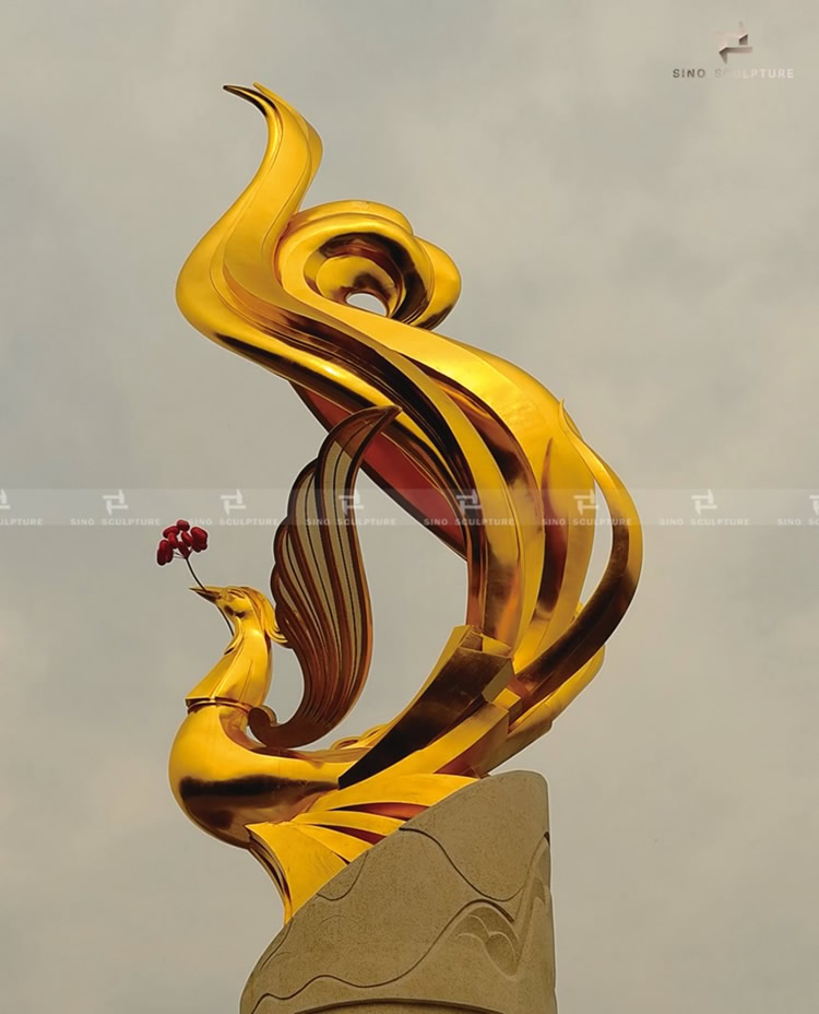 large gold leaf bronze phoenix sculpture