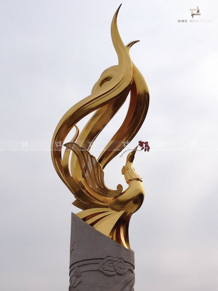 large bronze phoenix sculpture in golden finish