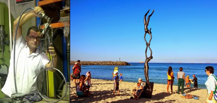 sculptor Ayad and his custom bronze sculpture exhibited in sculpture by the sea