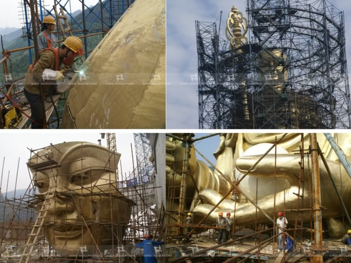 site assembling and installation of the large bronze Buddha sculpture