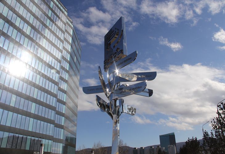 road sign sculpture,stainless steel mirror Ulaanbaatar, Mongolia. 