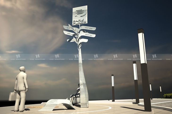 3d render of the road sign sculpture, stainless steel,Ulaanbaatar, Mongolia. 