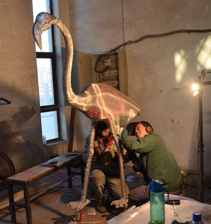 fabrication of the Red Flamingo sculptures, stainless steel mesh 