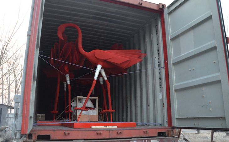 container load of the Red Flamingo sculptures, stainless steel mesh 