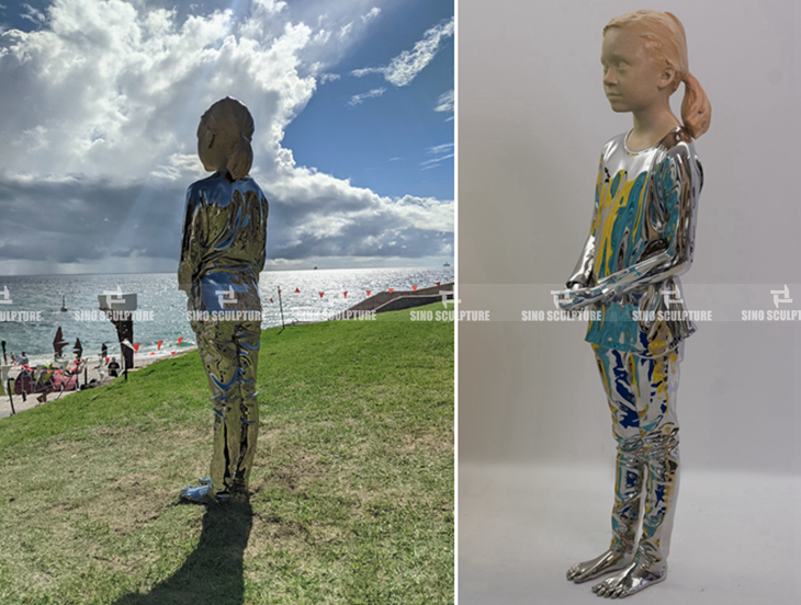 Casted stainless steel statue sculpture reflecting in Cotteloe for Sculpture By The Sea
