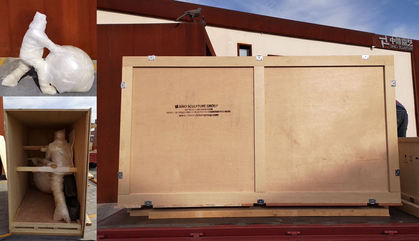 plywood pack and loading of the stainless steel Figure & Globe statue