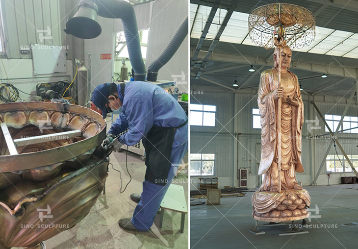 Chasing the cast bronze panels of the Buddha statue