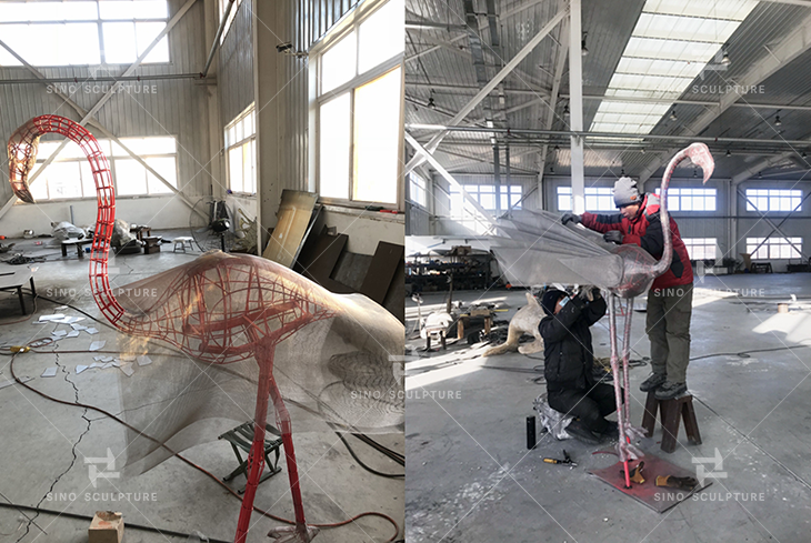 The production of the red flamingo sculpture in sino sculpture foundry