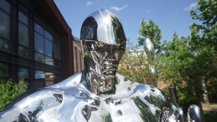 Head Close-up of the Mirror Polished steel Warrior Statue